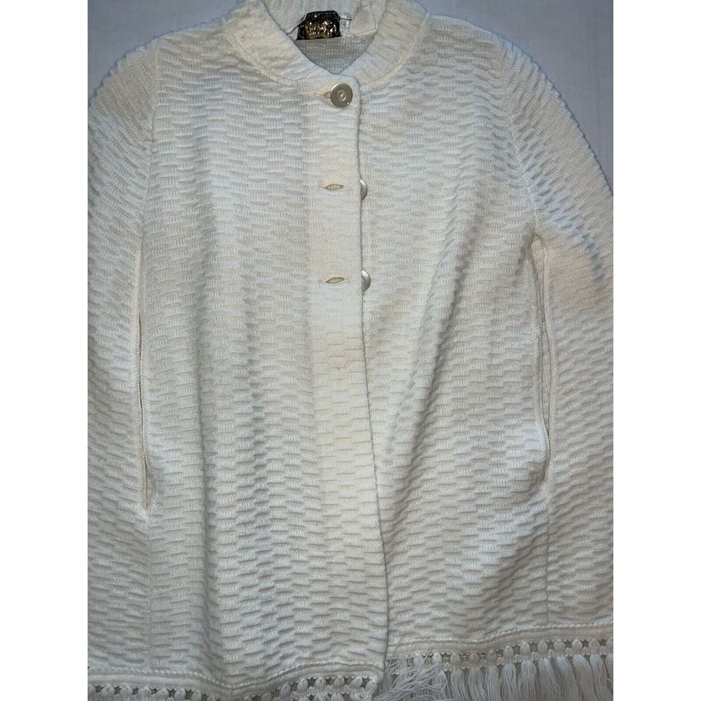 Vintage Ades Of California Button Shawl Women's Off-White Crochet Acrilyc Tassel